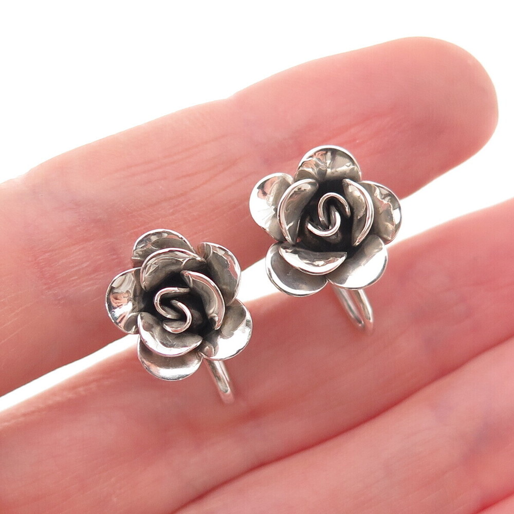 JewelArt 925 Sterling Silver Vintage Rose Flower Oxidized Screw Back Earrings
